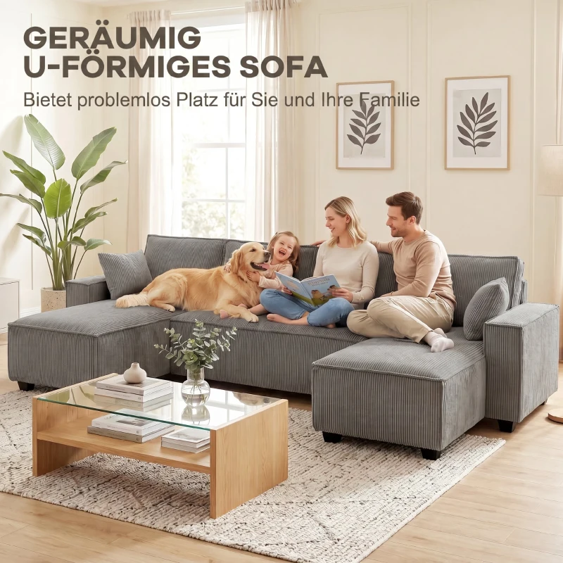 HOMCOM Ecksofa mit Doppel-Chaiselongues, U-förmiges Sofa aus Cordstoff mit breitem und tiefem Sitz, Federkernkissen, Hellgrau