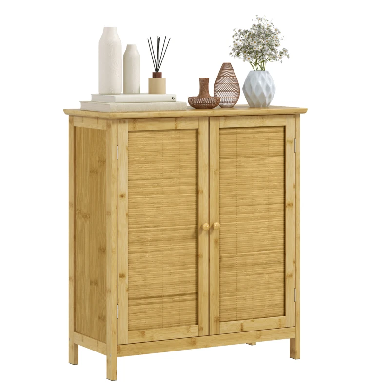 HOMCOM Comodă Boho din Ratan și Bambus cu 2 Uși și Poliță Internă, 60x27x67.5cm, Culoare Lemn