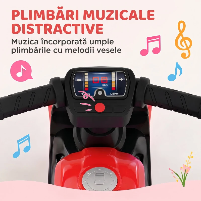 AIYAPLAY Bicicletă Echilibru Copii cu Muzică și Roți Extra Largi, Plastic PP, 62x28x38 cm, Roșu