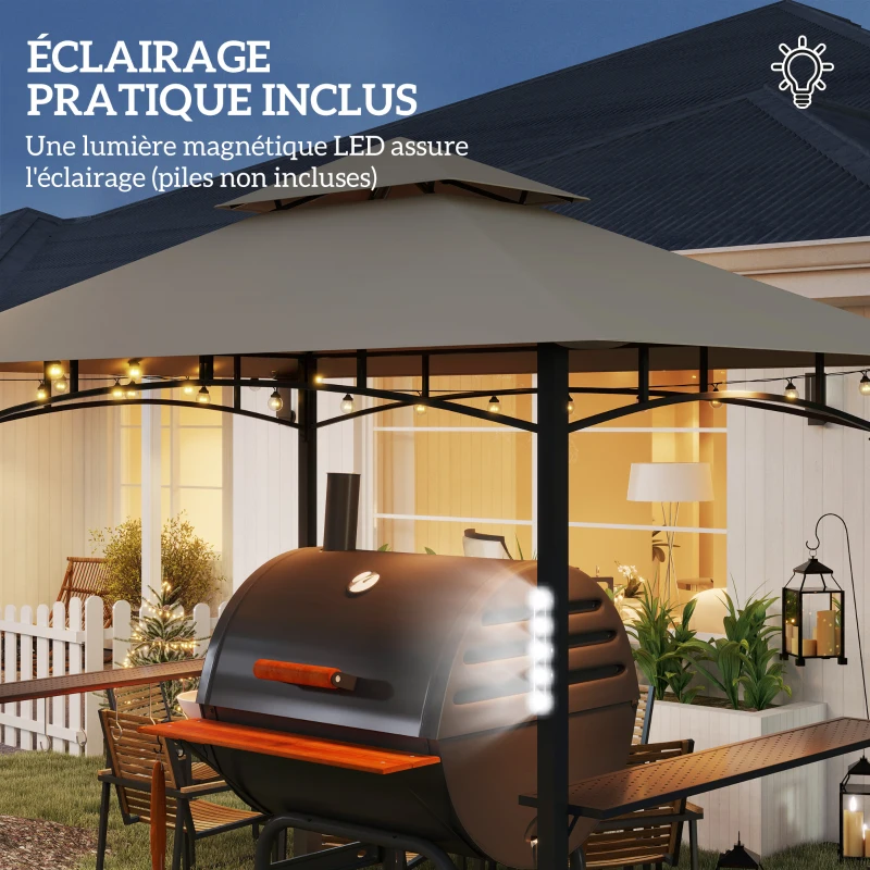 Outsunny Tonnelle de barbecue à deux niveaux auvent de réception pour jardin avec lumière LED 243 x 148 x 248 cm kaki
