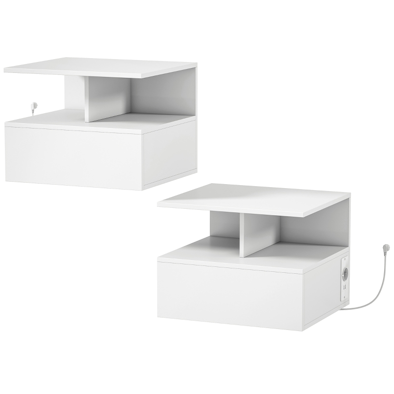 HOMCOM Set 2 Comodini Sospesi con Stazione di Ricarica, Cassetto e Ripiano Aperto, in Legno, 40x35x30 cm, Bianco