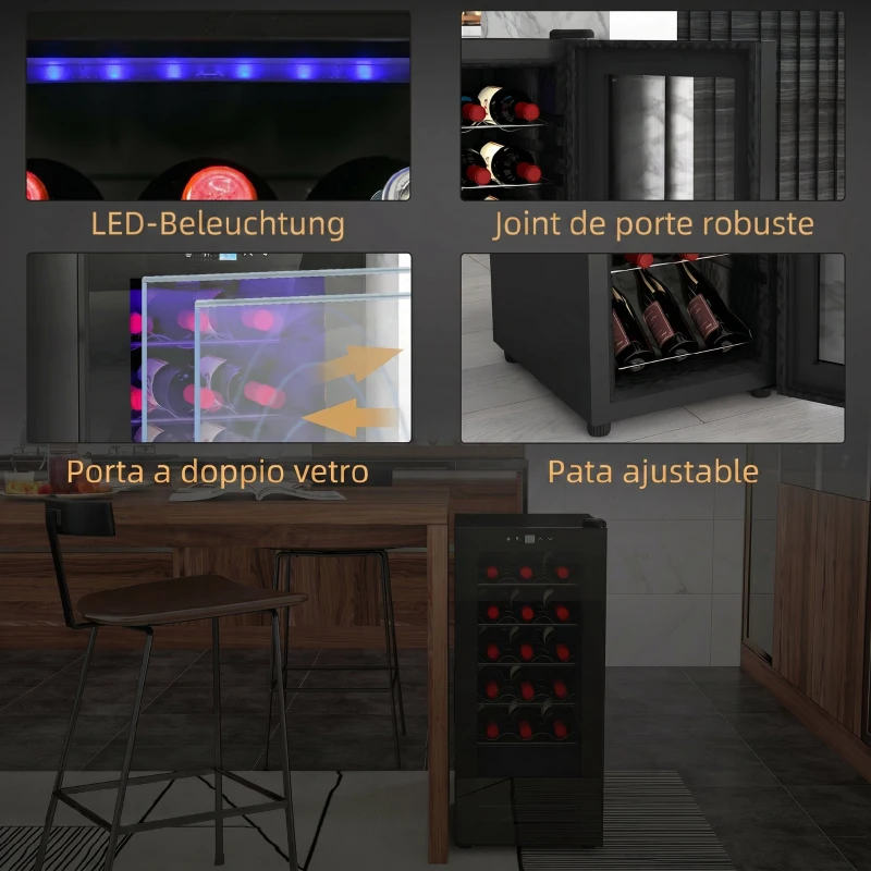 HOMCOM Frigider pentru Vinuri cu Capacitate de 18 Sticle, Display Digital, Lumină LED și Control al Temperaturii, Negru