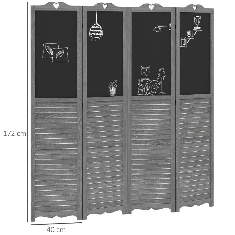 HOMCOM Biombo Separador de Ambientes Dobrável de 4 Painéis de Madeira com Quadros 162x172 cm Cinzento