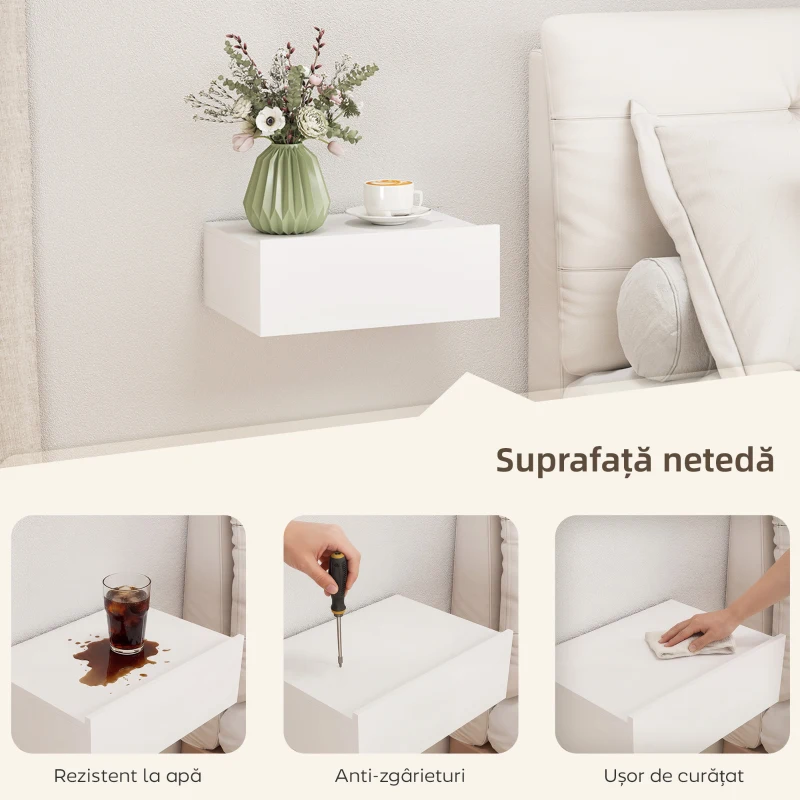 HOMCOM Set de 2 Noptiere Suspendate Moderne cu Sertar din Lemn, 40x30x15cm, Alb