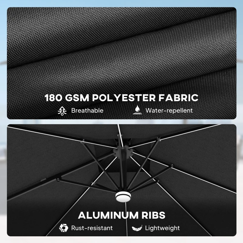 Outsunny 2.5m Cantilever Parasol with Solar Powered LED Lights, 360° Rotation, Tilt Adjustment, Crank Handle, Dark Grey
