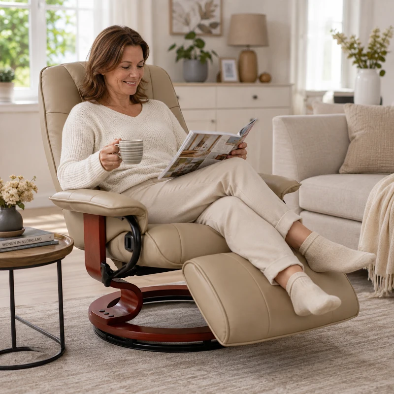 HOMCOM Relaxfauteuil, verstelbaar, ligfunctie, tot 120 kg, kunstleer, 78 x 87 x 100 cm, crème(m-8)