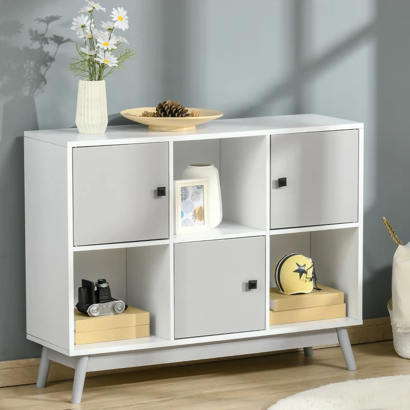 HOMCOM Buffet, meuble de rangement avec 3 portes et 3 compartiments ouverts, pieds en bois de pin, 96x30x75cm, blanc et gris