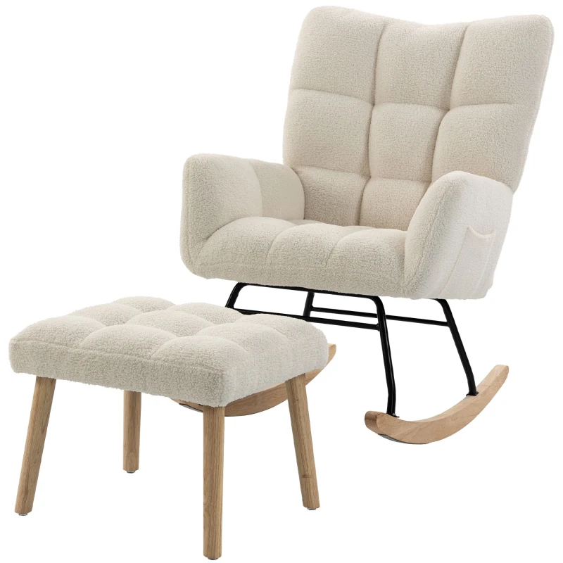 HOMCOM Fauteuil à Bascule avec Repose-Pieds, Rocking Chair en Tissu Bouclette, Assise Rembourrée, Dossier Large, Crème