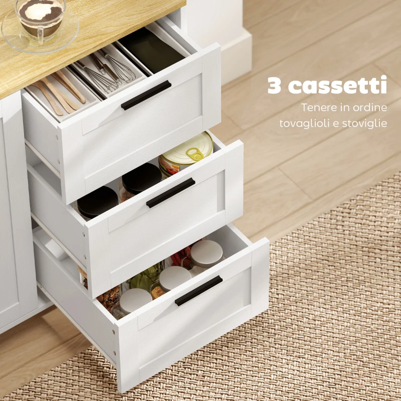 HOMCOM Mobile Cucina con 3 Cassetti e Armadietto 2 Ante Ammortizzate, Ripiani Regolabili, 120x38x76 cm, Bianco