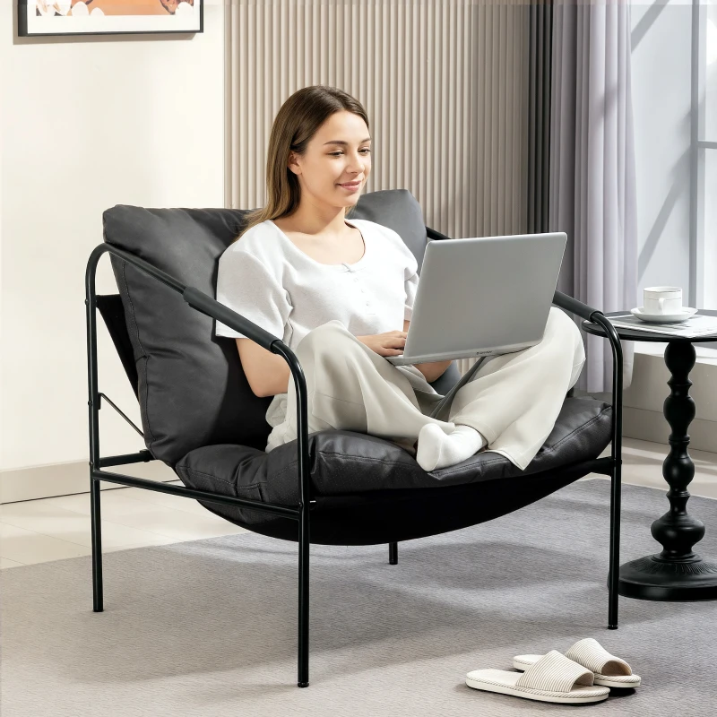 HOMCOM Fotoliu de Living din Piele PU și Cadru Metalic cu Perne Groase, 74,5x75x77 cm, Gri Cărbune