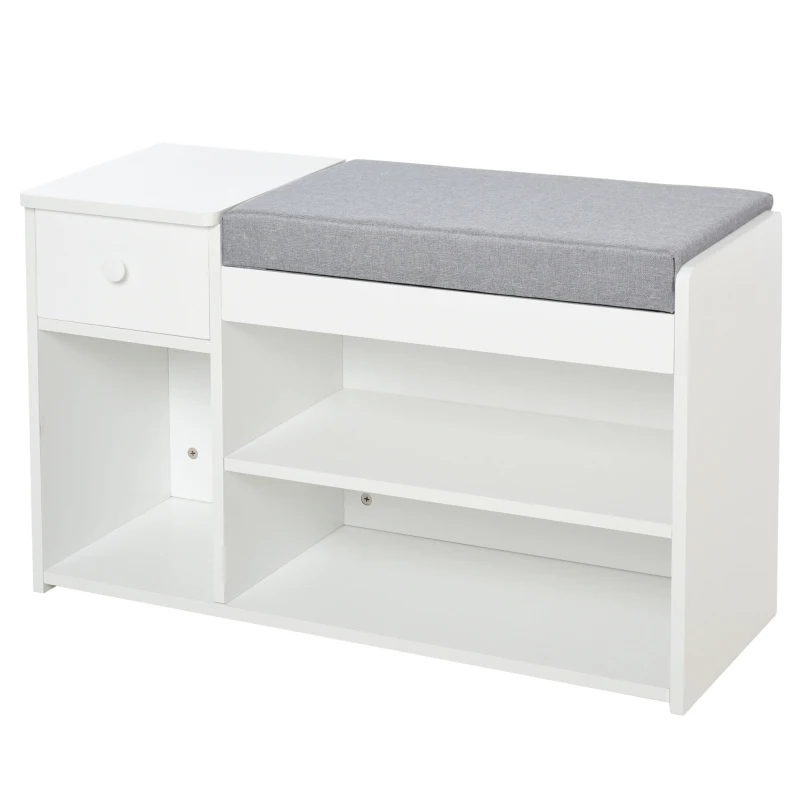 HOMCOM Bancă pentru încălțăminte cu pernă, sertar și 3 compartimente deschise din lemn, 81x31.5x49cm, Alb