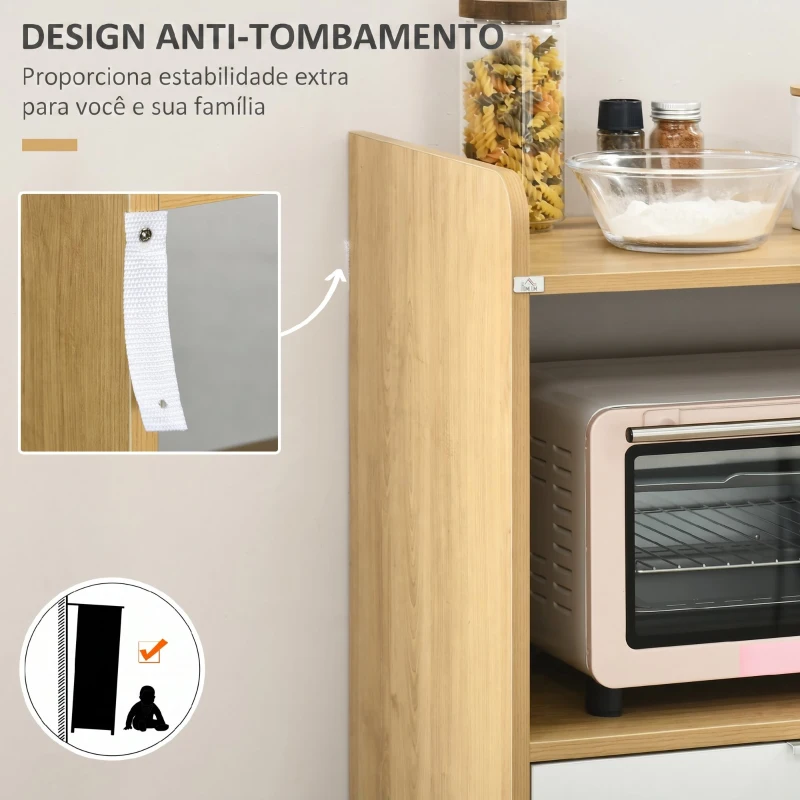 HOMCOM Armário para Micro-ondas em Estilo Escandinavo com Armário, Gaveta e Prateleira Ajustável, 58x40x118 cm, Natural e Branco
