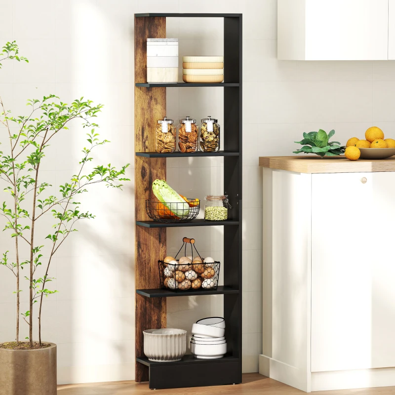 HOMCOM Bibliotecă Modernă Economisitoare de Spațiu cu 5 Rafturi din Lemn, 45x21x170 cm, Maro și Negru