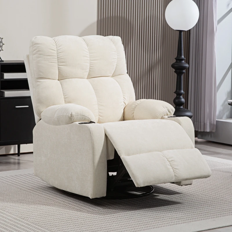 HOMCOM Poltrona Reclinabile 135° con Portabicchieri e Poggiapiedi, in Tessuto Effetto Lino, 88x96x108 cm, Beige
