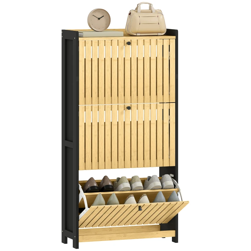 HOMCOM Meuble à chaussures 18 paires avec 3 tiroirs rabattables, portes en bambou à lattes, 60x24x118cm, noir et bois naturel