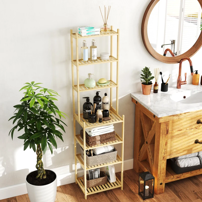 HOMCOM Estante de Casa de Banho de Bambu de 7 Níveis Estante de Arrumação com Desenho de Ripas 44x33x180 cm Madeira