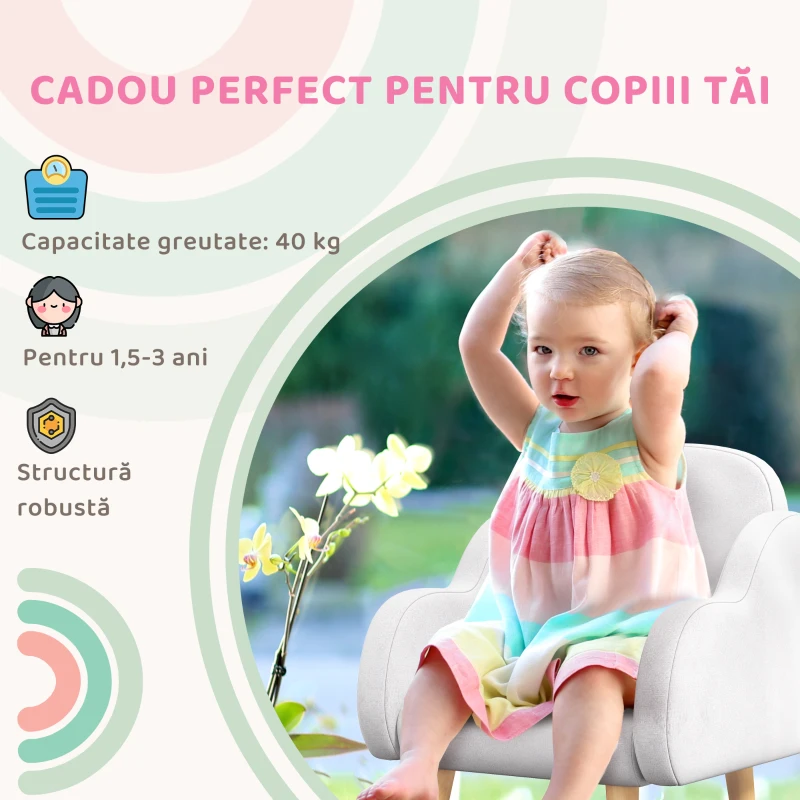 ZONEKIZ Fotoliu pentru Copii Stil Scandinav cu Brațe în Formă de Nor din Material Textil, Alb, 46x51x55 cm