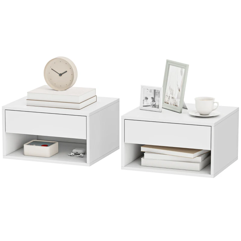 HOMCOM Set of Two Floating Bedside Tables - White