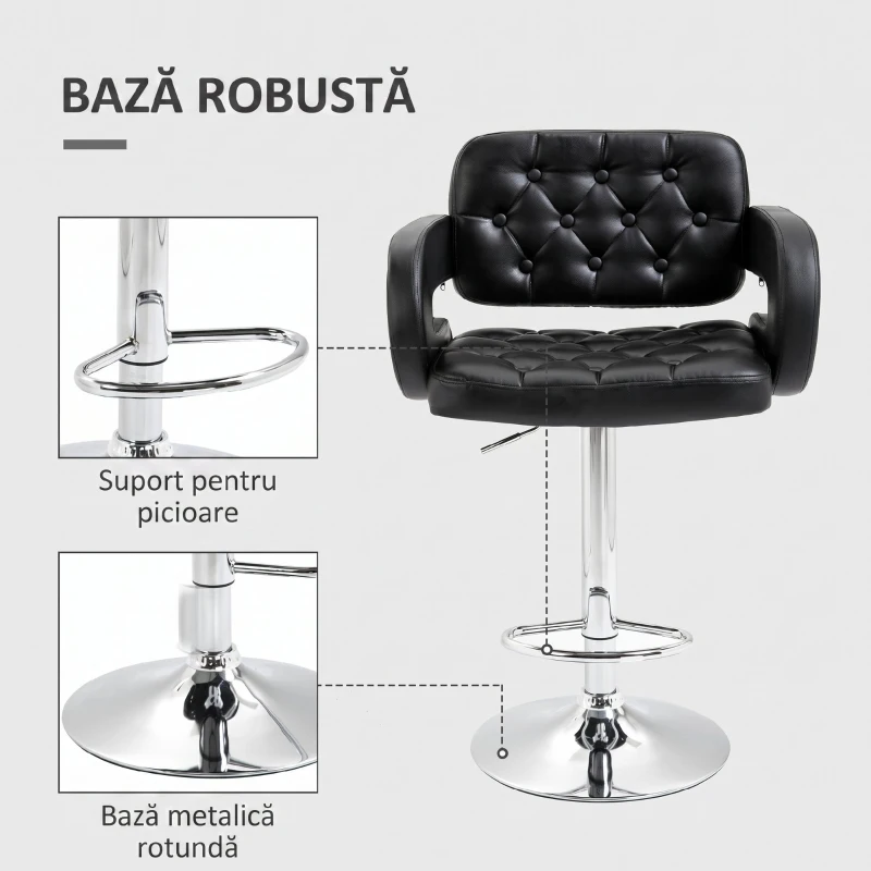 HOMCOM Scaun de Bar Înalt cu Spătar și Brațe, Rotativ, cu Înălțime Reglabilă și Suport pentru Picioare, Piele Ecologică Neagră