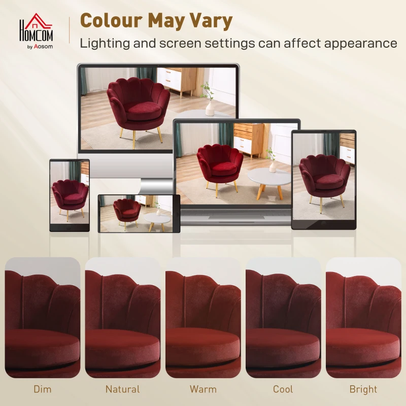 HOMCOM Fauteuil salon fauteuil en velours fauteuil coquillage avec pieds en métal doré pour chambre à coucher, rouge