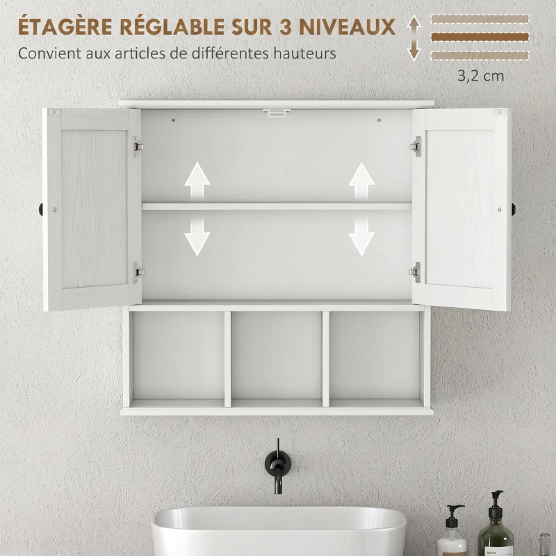 HOMCOM Armoire murale de salle de bain, meuble de rangement avec 2 portes, étagère réglable et compartiments ouverts, blanc