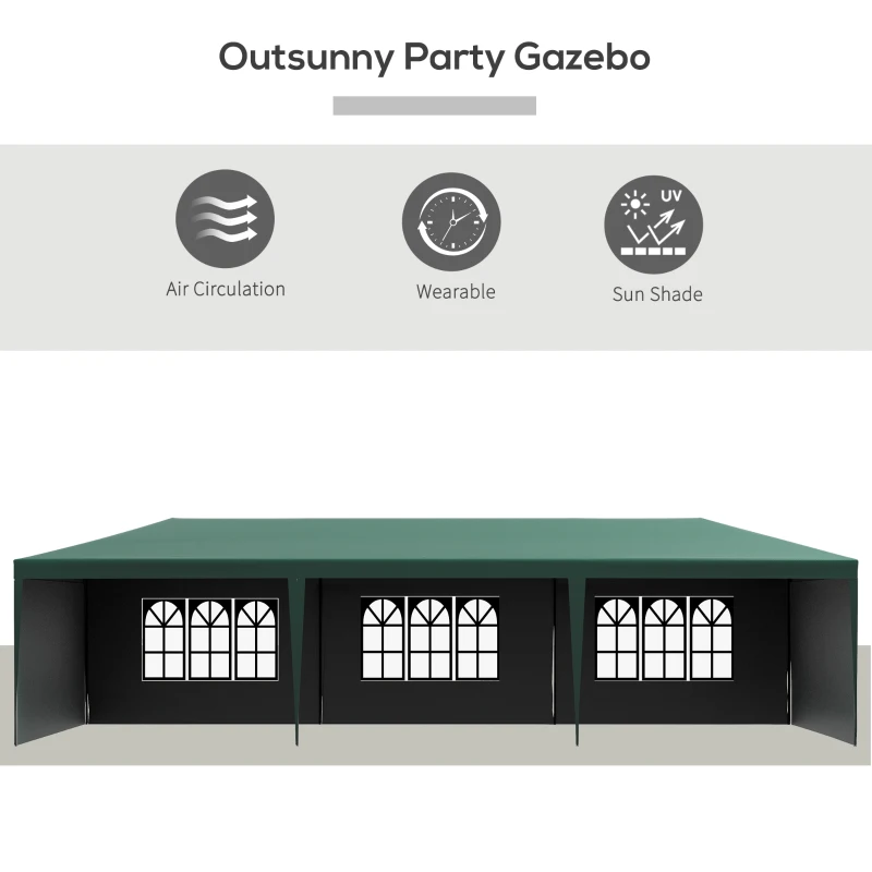 Outsunny 9 x 3 m Party Tent Gazebo Marquee Outdoor Patio Canopy Shelter with Windows and Side Panels Dark Green