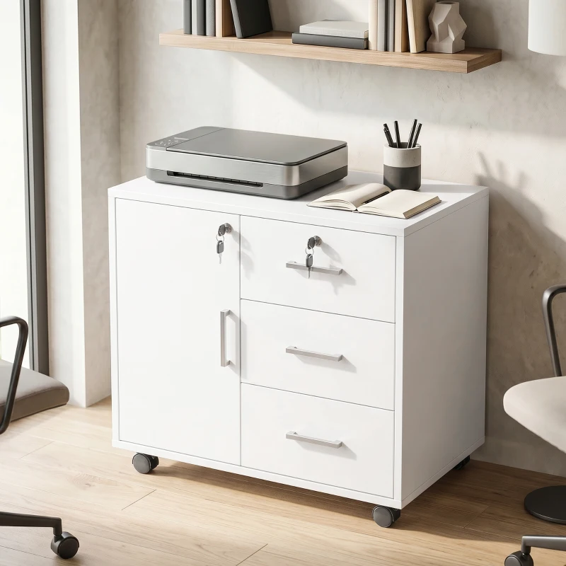 HOMCOM Caisson bureau meuble de rangement verrouillable avec 3 tiroirs et étagère réglable, roulettes, 40 x 60 x 56 cm, blanc