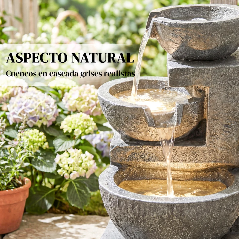 Outsunny Fuente de Jardín con Iluminación LED y Bomba Fuente Decorativa en Cascada de 3 Niveles 40x37x61 cm Multicolor