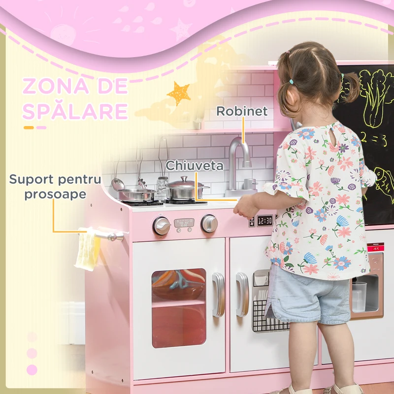 AIYAPLAY Bucătărie de Jucărie din Lemn pentru Copii 3-8 Ani cu Aragaz, Cuptor cu Microunde, Chiuvetă și Accesorii, Roz