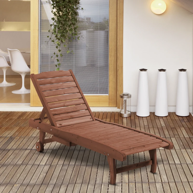 Outsunny Outdoor Wooden Lounger Chair, Sun Bed with Built-In Table, Adjustable Backrest and Wheels, Red Brown