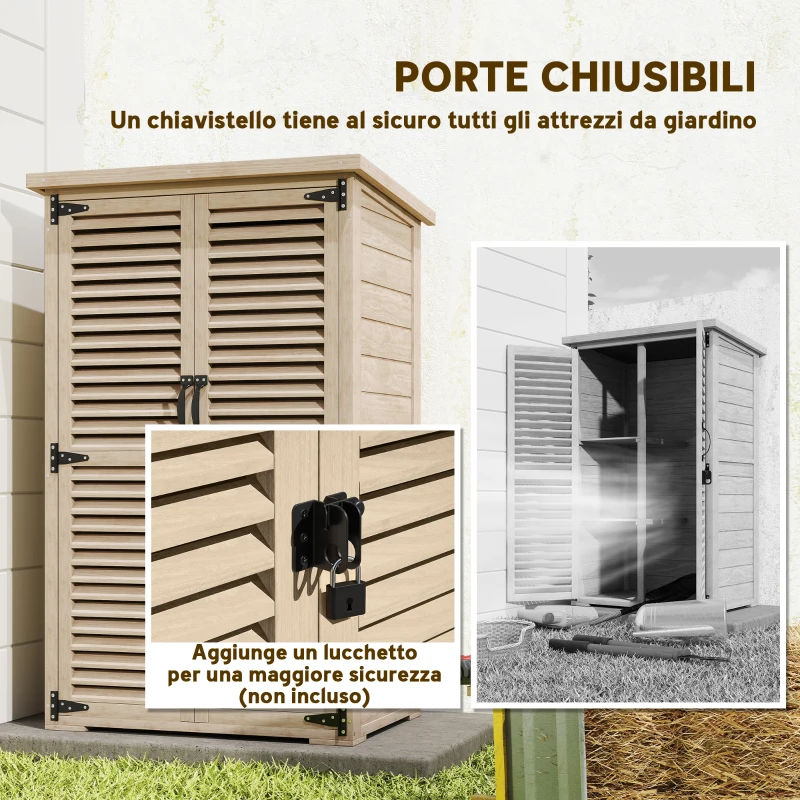 Outsunny Armadio da Esterno Portaoggetti a 2 Ripiani con Picchetti, in Legno di Abete, 75x50x111/118 cm
