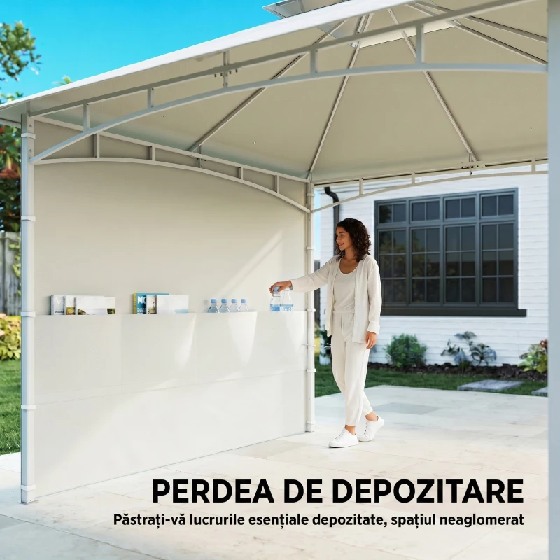 Outsunny Gazebo de grădină 3x3 m din metal cu perdele, buzunare pentru depozitare și cârlig de tavan, alb crem