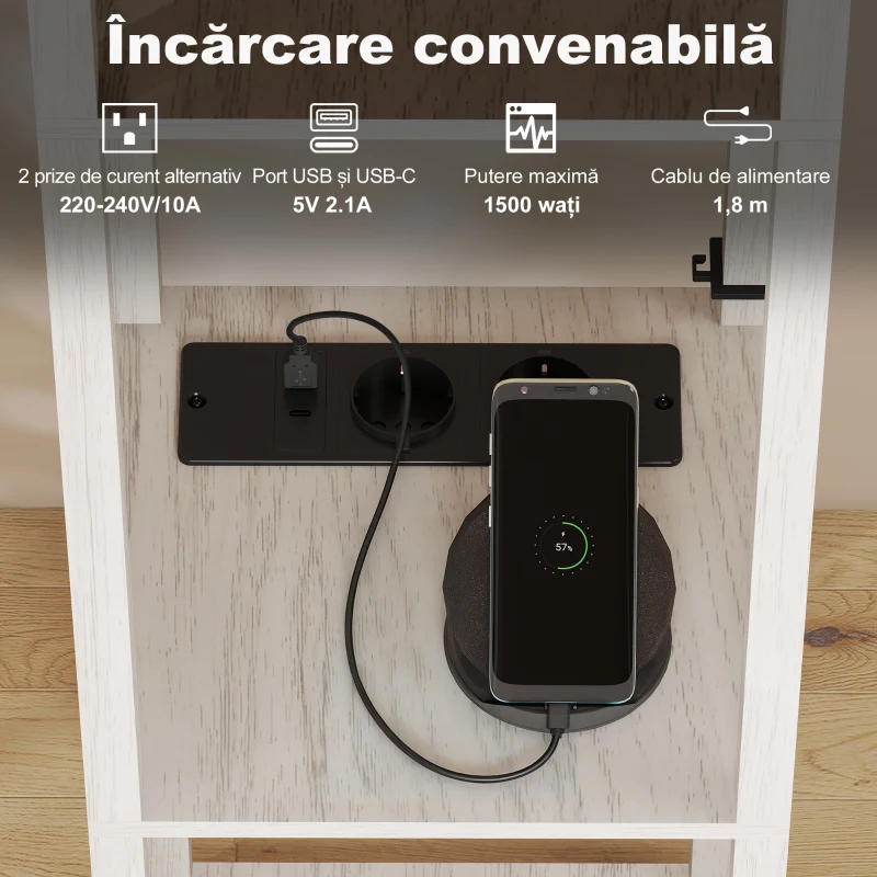 HOMCOM Lampă de podea cu rafturi, lumină reglabilă, întrerupător cu pedală și porturi USB, alb și stejar