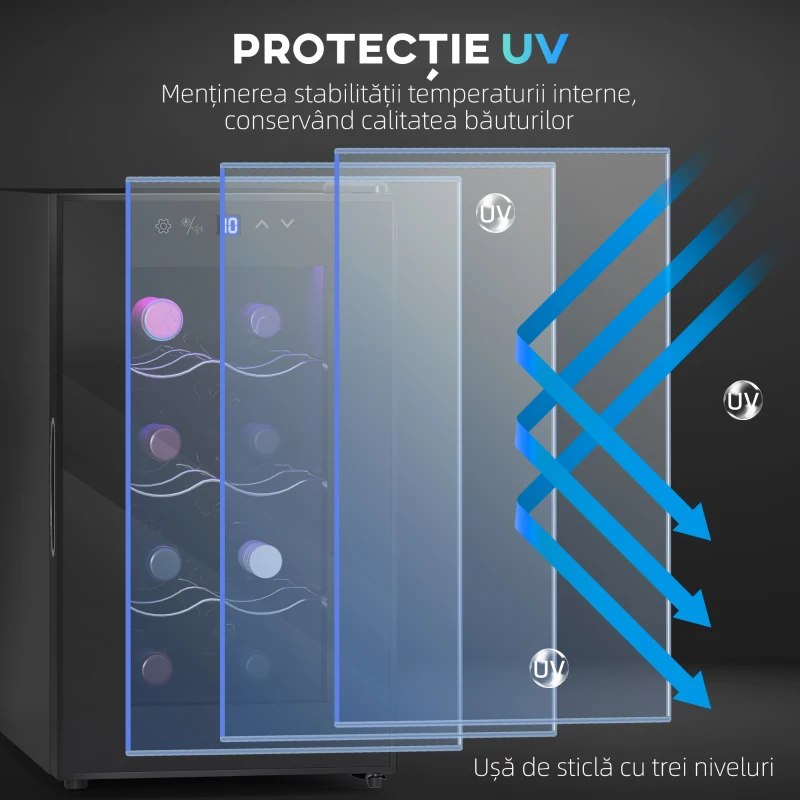 HOMCOM Cantineta Frigorifică pentru 8 Sticle de Vin, Capacitate 21L, Display Touch și Rafturi Reglabile, Negru