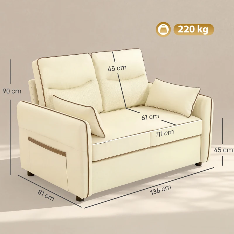 HOMCOM Canapea 2 Locuri din Piele Ecologică cu Umplutură Groasă, Buzunar Lateral și 2 Perne, 136x81x90 cm, Bej