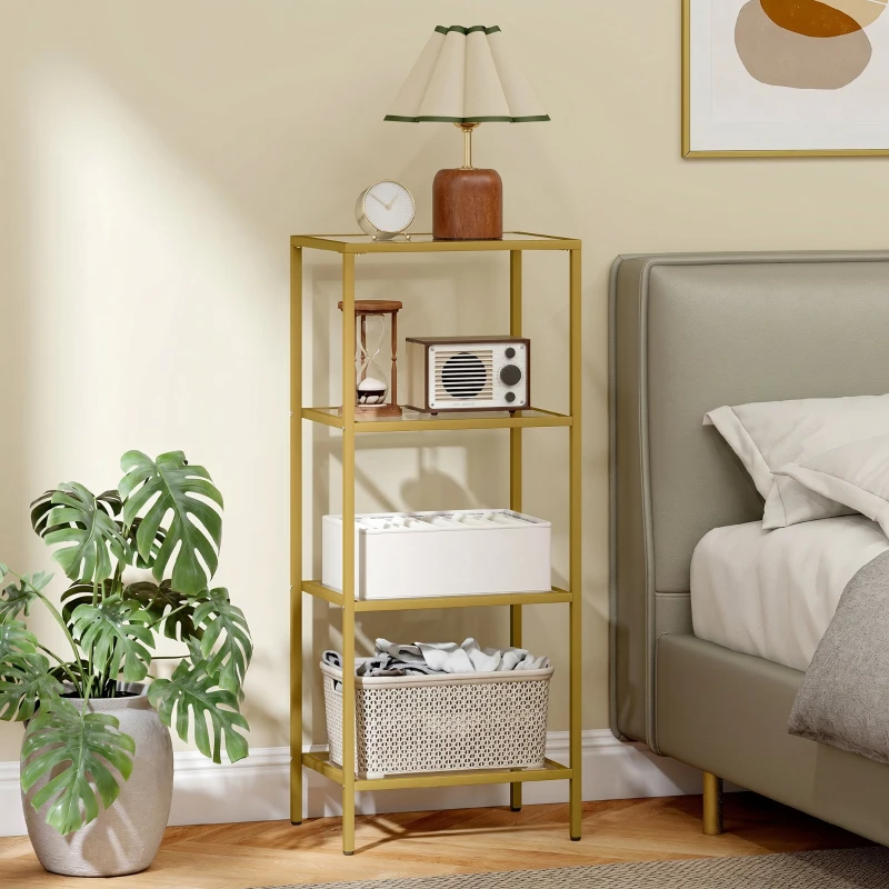 HOMCOM Raft cu 4 Niveluri Minimal din Metal și Sticlă Temperată, 40x30x96,5 cm, culoare Aurie