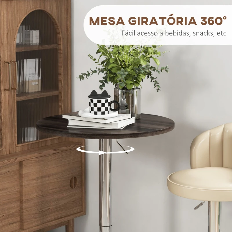 HOMCOM Mesa Alta Cozinha Mesa Alta Bar Redonda para 2 Pessoas Altura Ajustável Tampo Giratório 360° 60x60x91 cm Nogueira