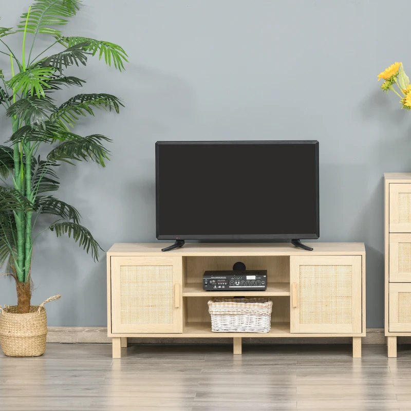 HOMCOM Meuble TV Banc TV 2 niches 2 placards Porte cannage en rotin dim. 115L x 40l x 48H cm MDF Aspect Bois Clair