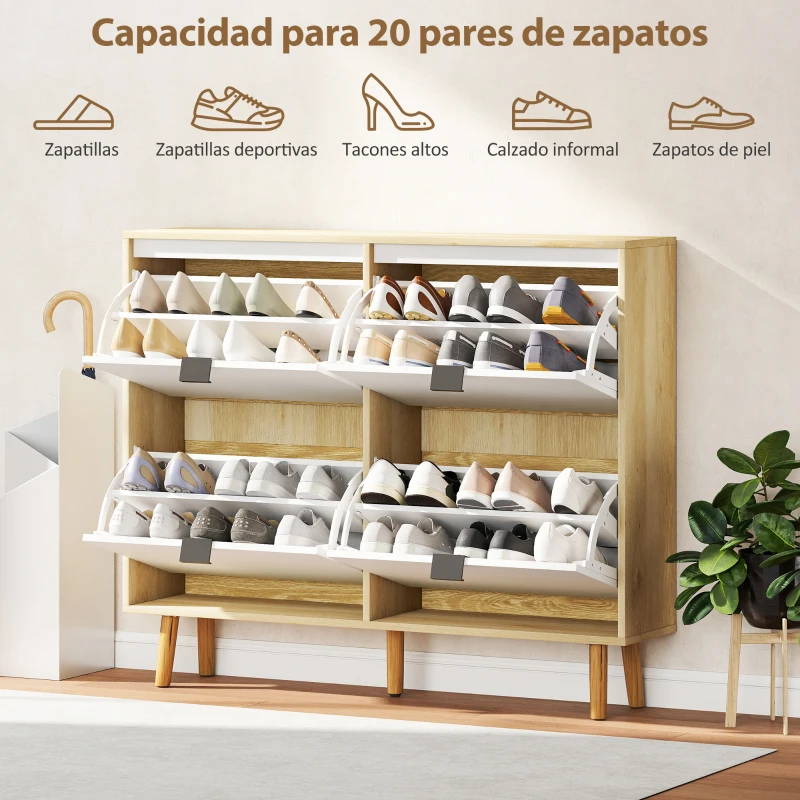 HOMCOM Zapatero Estrecho con 4 Puertas en Blanco Brillo Estantes Ajustables Patas de Madera para 20 Pares de Zapatos