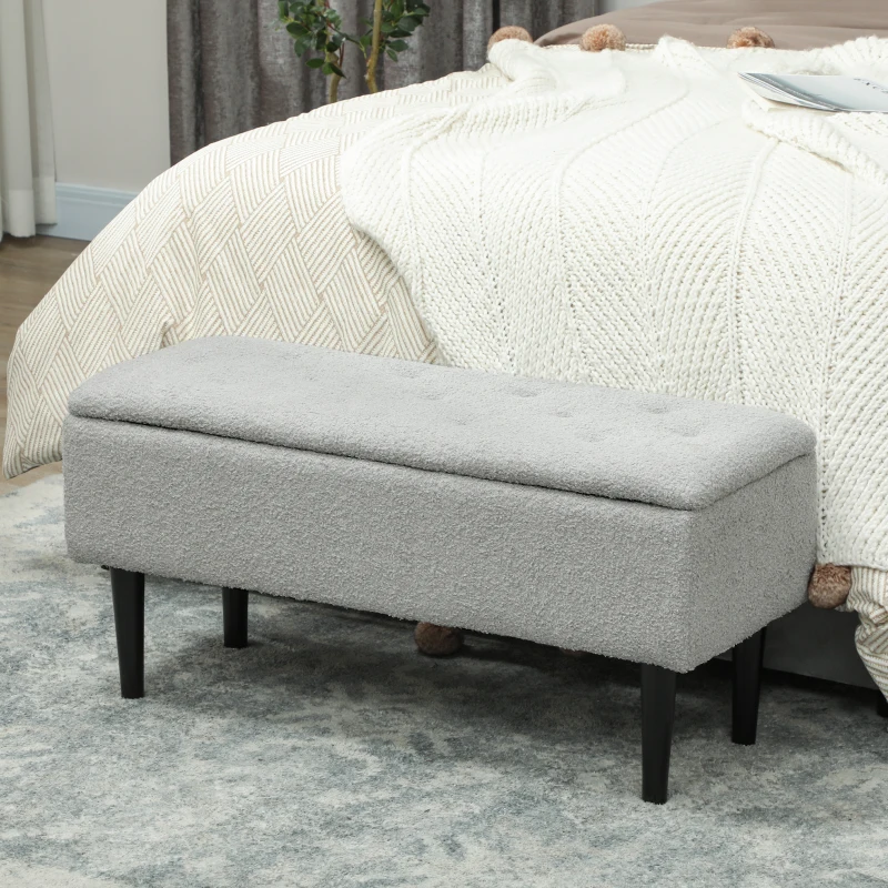 HOMCOM Banco Almacenaje Plegable Capacidad de 57 L 95x38x45 cm Tapizado en Borreguito Pie de Cama para Salón Dormitorio Gris
