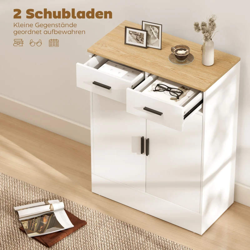 HOMCOM Sideboard mit Stauraum, Kommode mit 2 Schubladen, verstellbares Regal, für Küche, Wohnzimmer, Flur, Naturholz, Weiß