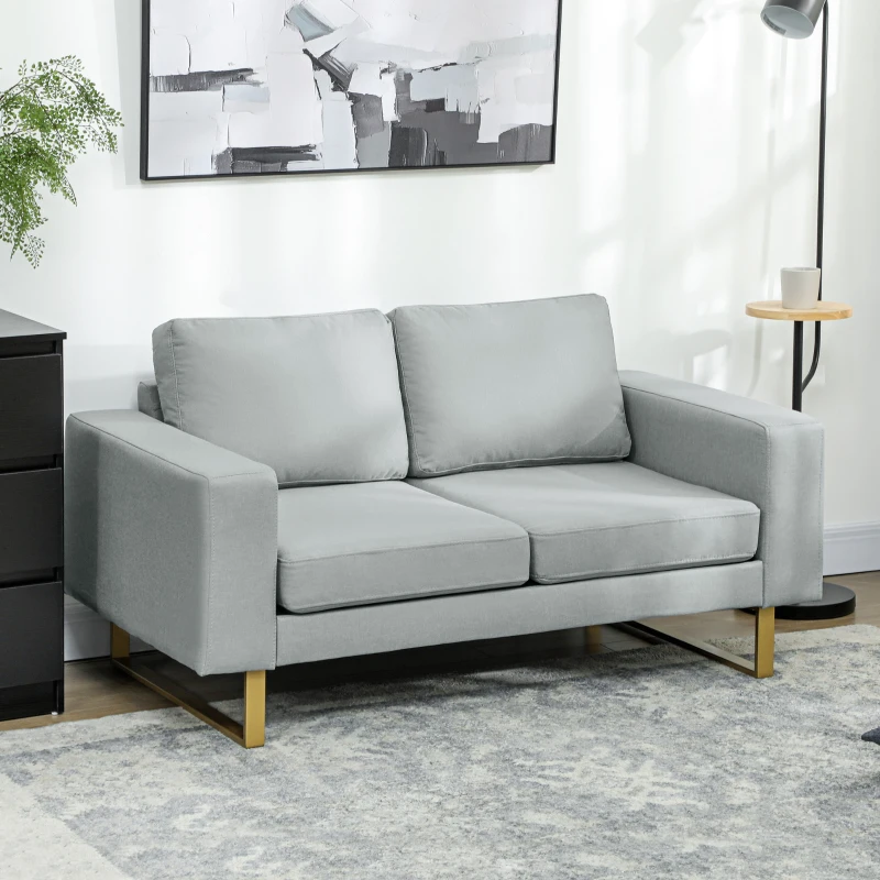 HOMCOM 2-Sitzer-Sofa, Couch mit Vollholzrahmen, Metallbeine, schlichtes Design, Hellgrau(m-10)