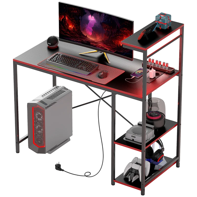 HOMCOM Escritorio Gaming de Fibra de Carbono con Luces LED 110x50 cm Tomas de Corriente Estantes y Control Remoto Negro