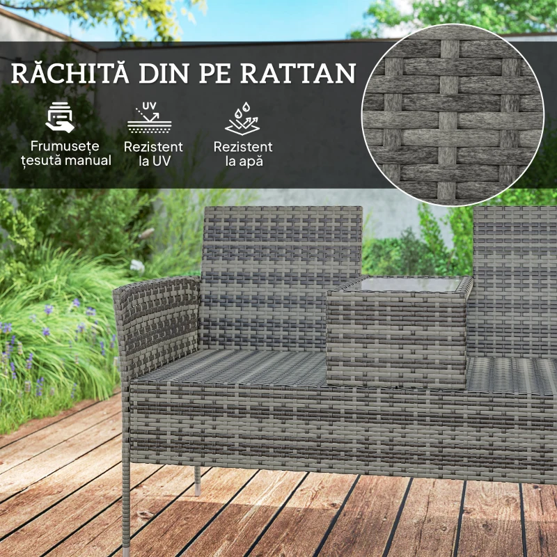 Outsunny Banchetă de Exterior cu 2 Locuri și Măsuță de Cafea, din Oțel și Ratan PE, 137x59x82 cm, Gri