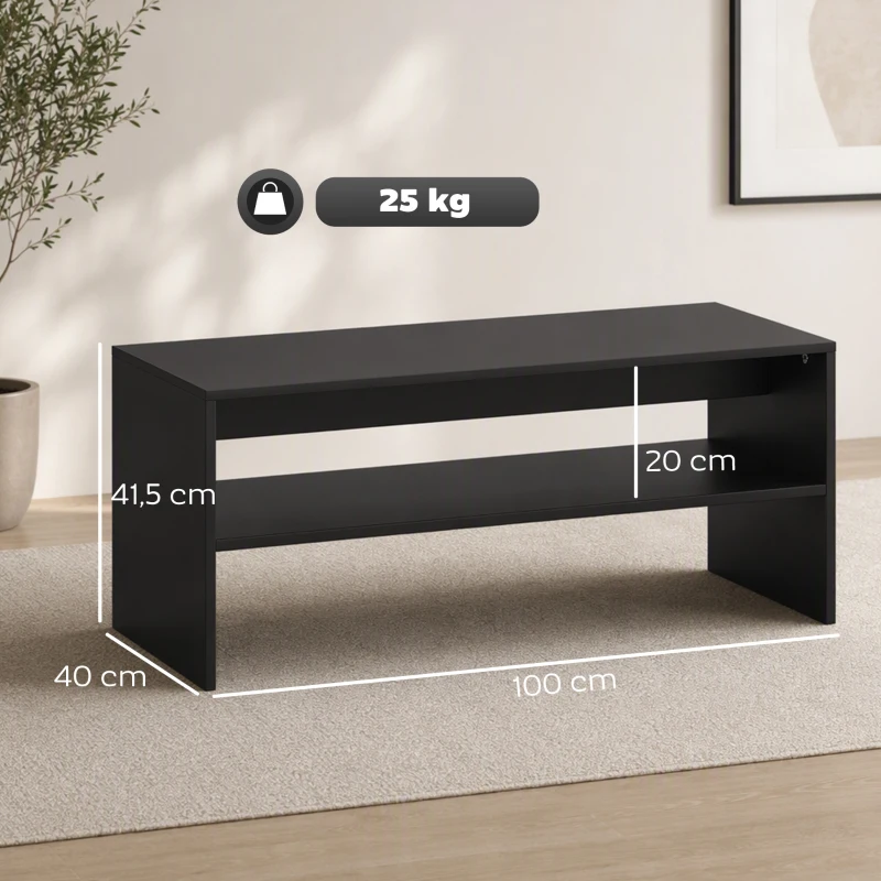 HOMCOM Mesa de Centro Moderna em Madeira de 2 Níveis com Prateleira Aberta 100x40x41,5 cm Preto