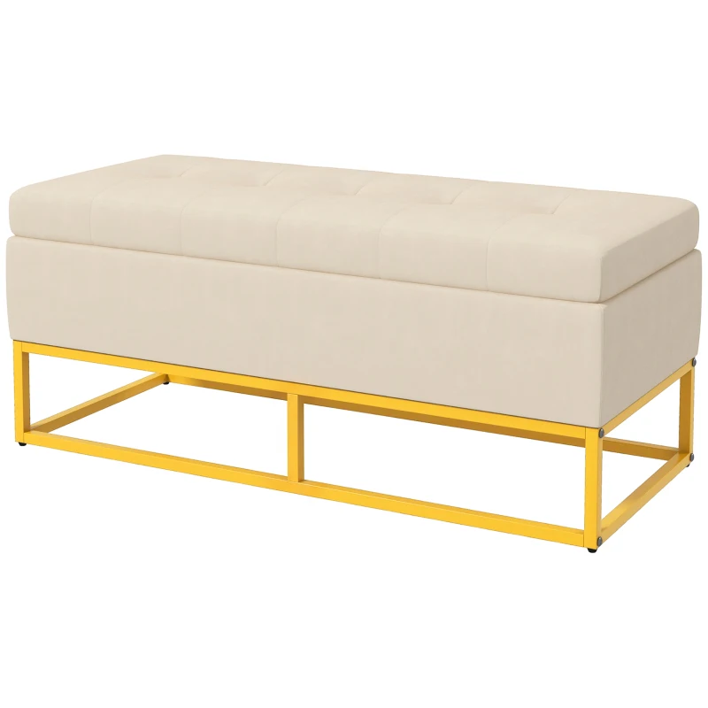 HOMCOM Sitzbank mit Stauraum, dekorative Knopfheftung, Flanelloptik, goldfarbene Stahlbeine, 110 x 47 x 46,5 cm