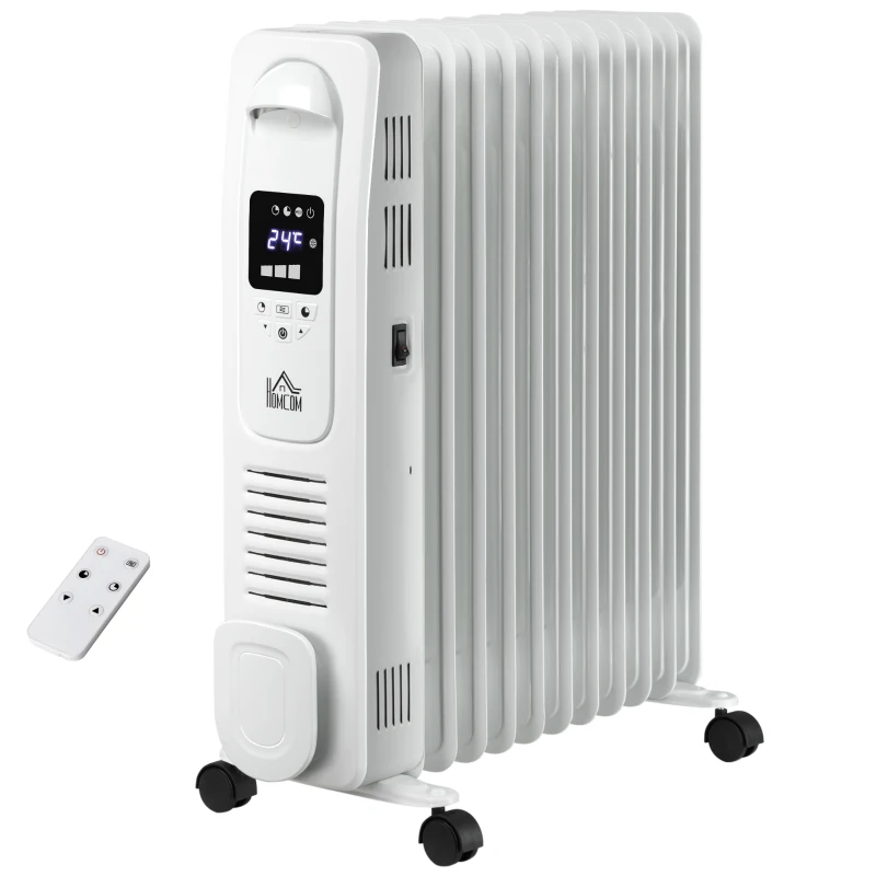 HOMCOM 2500W Digital Display Oil Filled Radiator, 11 Fin Portable Electric Heater with Timer, Adjustable Thermostat, Three Heat Settings, Safety Cut Off, Remote, White