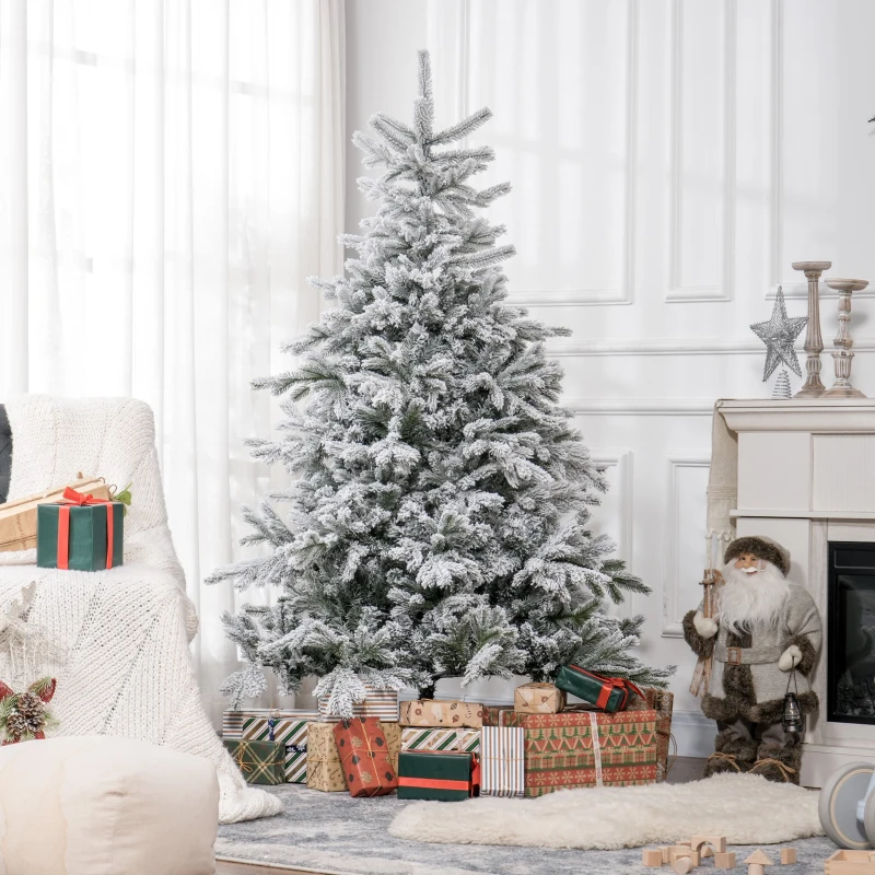HOMCOM Weihnachtsbaum 180 cm, mit Kunstschnee, flammhemmend, schneller Auf- und Abbau, Metallbasis