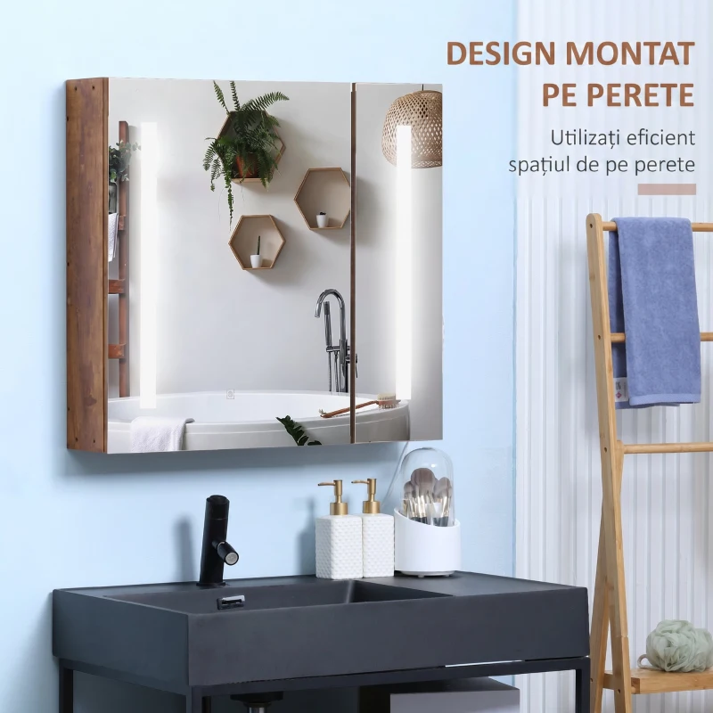 kleankin Oglindă de baie cu lumini LED reglabile, 2 uși și raft reglabil, 70x15x65cm, maro
