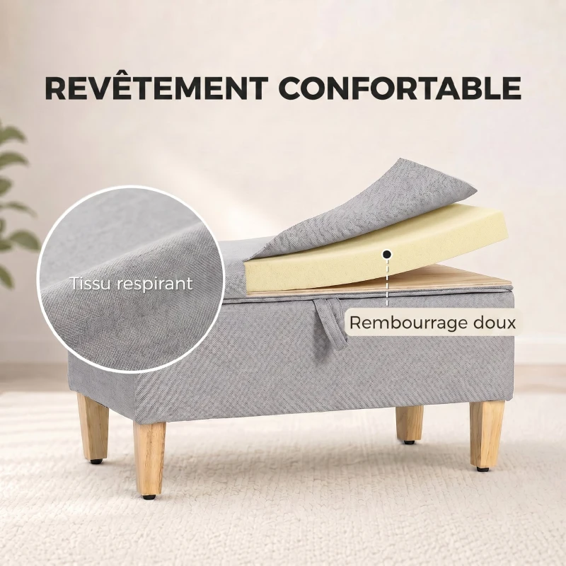 HOMCOM Banc de rangement, bout de lit, repose-pieds rembourré en lin avec pieds en bois de caoutchouc, 71x37x36cm, gris clair